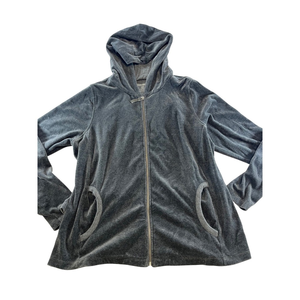 Eddie‎ Bauer Womens 2X Gray Velour Full Zip Hoodie Jacket Cotton Blend
